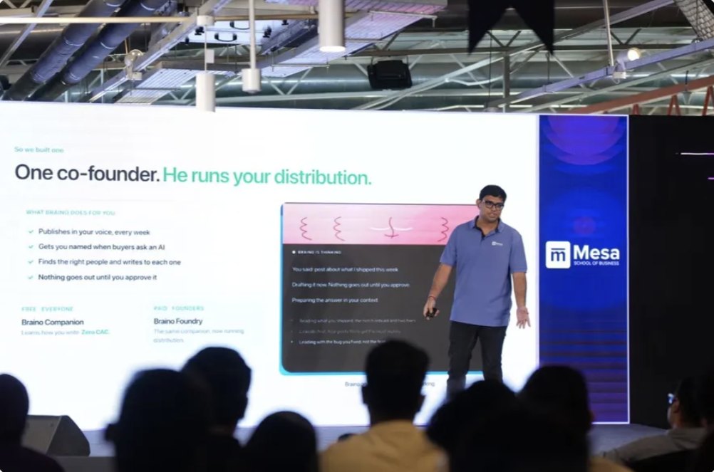 A student presenting an AI product on stage