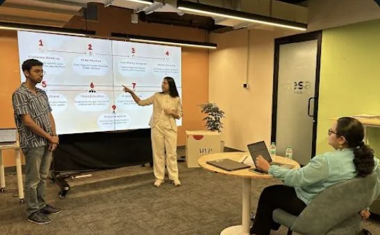 Students and a mentor walking through a product flow on a screen