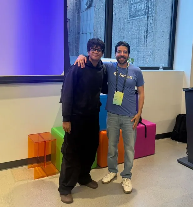 Krish Goel, a Mesa student, at the AWS hackathon in San Francisco