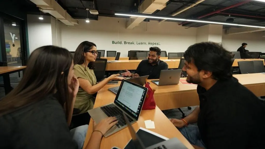 Students building AI workflows together on their laptops